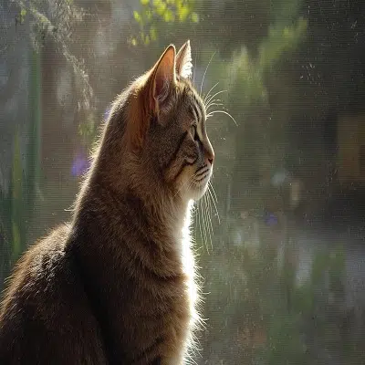 تصویر_ گربه در فضای باز با پنجره توری-