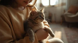 گربه در حال خرخر کردن در آغوش صاحبش